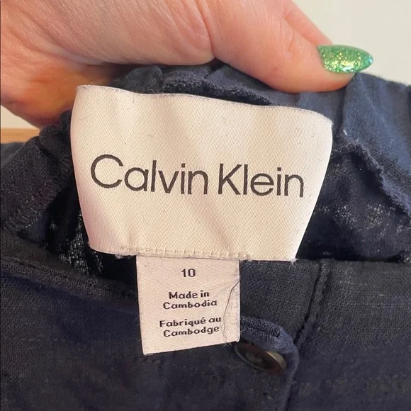 Calvin Klein Linen and Cotton Navy Pants - Picture 2 of 6